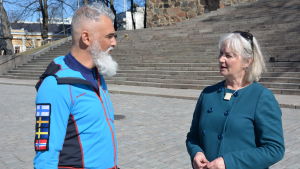Duarte Nuno Antunes, pilgrimsvandrare från Portugal och Nina Söderlund, projektkoordinator för S:t Olofs sjöled. Duarte Nuno Antunes, pilgrimsvandrare från Portugal och Nina Söderlund, projektkoordinator för S:t Olofs sjöled.
