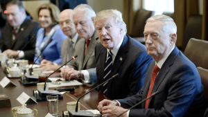 USA:s president Donald Trump, försvarsminister James Mattis (th) och utrikesminister Rex Tillerson i Vita huset USA:s president Donald Trump, försvarsminister James Mattis (th) och utrikesminister Rex Tillerson i Vita huset