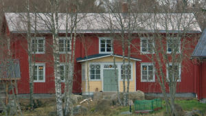 Tomten som Mats Granfors hus flyttades till ligger traditionsenligt i en skogsdunge vid en åkerkant. Stort österbottniskt trähus i skogsglänta.