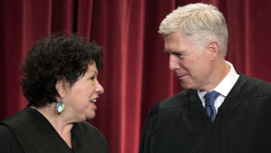 Sonia Sotomayor som utnämndes till Högsta domstolen av Barack Obama har varit kritisk till förbudet i samtliga beslut om det, medan Trump-utnämnda Neil Gorsuch har försvarat det. Den amerikanska högsta domstolens två nyaste domare, Sonia Sotomayor och Neil Gorsuch, i närbild.