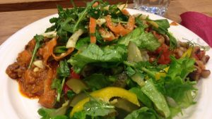 en tallrik fylld med grönsallad, böngryta och ytterlihare en vegansk röra som innehåller bland annat jordnötter.