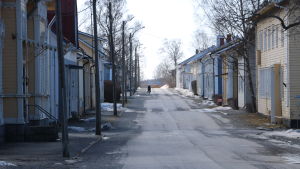 Kaskö centrum. En gata i Kaskö med trähus på båda sidorna. En ensam cyklist skymtar fram på vägen.