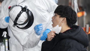 Sydkorea har haft drygt 10 000 bekräftade fall av coronavirus och ungefär 250 döda. Den här bilden är tagen i huvudstaden Seoul i början av mars. Hälsovårdsarbetare i skyddsutrustning tar covid-19-prov ur munnen på en person. Fotograferat i Seoul i mars 2020.