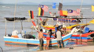 Varje dag smugglas gästarbetare in i Malaysia i små fiskebåtar. Det uppskattas finns mer än tre miljoner sådana papperslösa gästarbetare i landet. Färgglada fiskebåtar på en strand i Malaysia