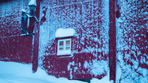 Klienter som bor i villor har svårt att skotta snö fram till ytterdörren. Hus intäkt i snö.