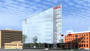Såhär ska det nya tornhuset se ut då det står klart. En arkitektbild av hur det åtta våningar höga glashuset med tre hörn ska se ut som byggs intill Scandics hotell på Rostensgatan i Vasa.
