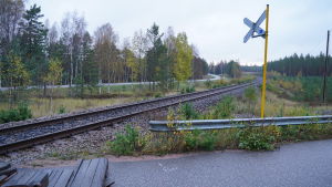 Rälsbussen kom från Ekenäs då olyckan skedde. En skymt av järnvägsrälsen som löper förbi den stängda plankorsningen i Skogby