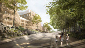 Illusterande bild av Jungfrustigen, där de nya höghusen syns till vänster. En arkitekts vision över Jungfrustigen vid Samppalinnabacken