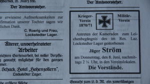 Dödsannonsen ur lokaltidningen Dödsannonsen för jägaren Ström ur Lockstedter Lager Courier, 1916