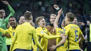 Sveriges spelare firar VM-avancemanget.