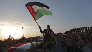 Sex veckor av protester väntar i Gaza. En man hänger ur en bil och viftar med en palestinsk flagga.