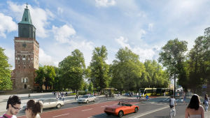 Så här skulle superbussen se ut i Åbos kollektivtrafik. Bussen har ett helt eget körfält. Illustrerande bild av gula superbussar i kollektivtrafiken utanför Åbo Domkyrka, med fotgängare, cyklister, bilar och gröna träd.
