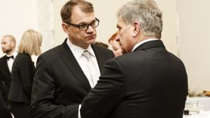 Juha Sipilä och Suli Niinistö diskuterar med pannan i djupa veck under riksmötets öppning.