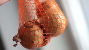 Lök håller väldigt bra av sig själv. Nätpåsen den förpackas i fyller ingen funktion. Lök i en orange nätpåse av plast.