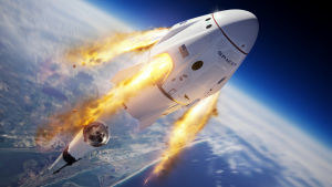Konstnärens vision av hur det ser ut då Crew Dragon övar en nödmanöver. Konstnärens vision av SpaceX rymdkapsel Crew Dragon.