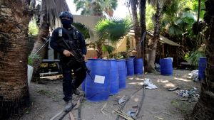 Metamfetamin är relativt lätt att tillverka i små laboratorier i avlägsna områden i Mexico. Det här laboratoriet fanns i Guzmáns hemtrakter. Knarklaboratorium i djungeln i delstaten Sinaloa i Mexiko.