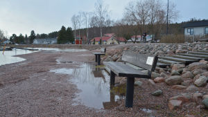 Några bänkar vid strandkanten vid Lovisa Skeppsbron. Vattenståndet är högre än normalt och det finns en stor vattenpöl framför bänkarna.