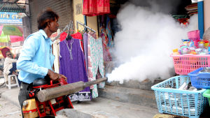 Besprutning av byggnad för att döda myggor som kan sprida malaria och denguefeber. New Delhi, Indien. Besprutning av byggnad för att döda myggor som bär på malaria och dengue i New Delhi, Indien.