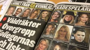 Uppslag i tidningen Expressen med bilder på kvinnliga skådespelare och rubriken "Larmet från 456 skådespelare".