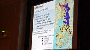 En hel del pengar går åt att ersätta skador som vargar orsakar. Skador på renar orsakade av varg kostade staten över 470 000 euro i fjol. En presentation av ersätta skador år 2015. På bilden syns en karta där skador orsakade av varg är utmärkta.