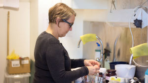 Maria Sundström blandar färgerna som alla går att stoppa i munnen. Maria Sundström blandar till ätbar färg.