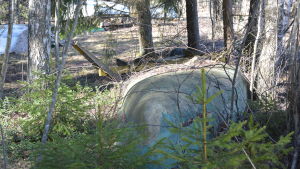 Hangö stad kontrollerar stränderna under våren. En övergiven, gammal båt i skogen.