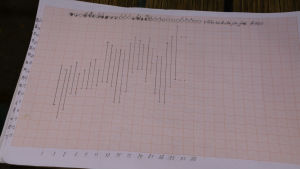 Millimeterspapper med statistik ritat med blyertspenna.