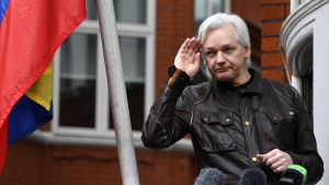Julian Assange framför mikrofoner på ett presstillfälle utanför Ecuadors ambassad i London.