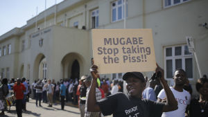 Många demonstrationer... En demonstrant med en skylt med texten "Mugabe stop taking the piss".