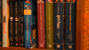 Bokhyllan hemma hos Jaana är fylld av böcker som hon har översatt. Harry Potter böcker i Jaanas bokylla.