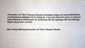 De sista raderna i brevet till politikerna i social- och hälsovårdsnämnden i Raseborg. Ett brev från Vård i hemmet i Ekenäs till Raseborgspolitiker.