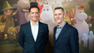 Nick Ostler och Mark Huckerby på den internationella Muminpremiären i Helsingfors i januari. Nick Ostler och Mark Huckerby.