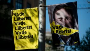 Kampanjaffisch för den fängslade Oriol Junqueras 13.4.2019 i Barcelona. Kampanjaffisch för den fängslade Oriol Junqueras 13.4.2019 i Barcelona.