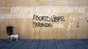Graffiti med texten "Aborto libre maternidao elegida" på vägg i Granada, Spanien.