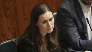 Sanna Marin i riksdagen den 3 december 2019. Kommunikationsminister Sanna Marin i riksdagen den 3 december 2019.
