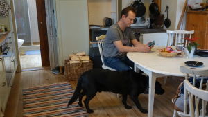 Bamse-hunden håller sig nära husse. Svante Andström vid köksbordet tillsammans med hunden Bamse.