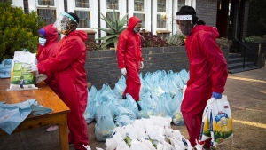 Sydafrika är det värst drabbade landet i Afrika med nära 10 000 avlidna och över en halv miljon smittade. Här delar frivilliga ut mat utanför en kyrka i Johannesburg. Sydafrika är det värst drabbade landet i Afrika med nära 10 000 avlidna och över en halv miljon smittade. Här delar frivilliga ut mat utanför en kyrka i Johannesburg.