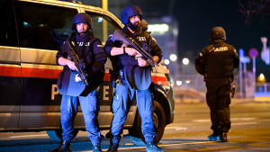 Terrordådet på måndag har försatt Wien i alarmberedskap. Terrordådet beskrivs som ett islamistiskt terrordåd och har fördömts skarpt av EU-ledarna. Bild på poliser vid polisbild i Wien.