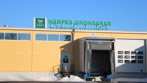 Enligt Stefan Skullbacka, vd på Närpes Grönsaker, har företaget en jämn könsfördelning och 37 procent av personalstyrkan en utländsk bakgrund. En byggnad med lastbrygga för lastbilar.
