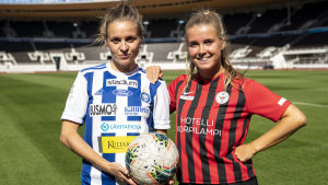 Essi Sainio och Amanda Rantanen är två av ligans största stjärnor. Essi Sainio och Amanda Rantanen poserar i Olympiastadion.