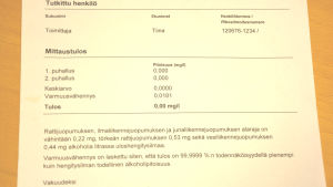 Så här ser dokumentet ut som kommer från precisionsalkometern. Här med redaktörens resultat. Dokument från det blåstestet på sjöbevakningens noggranna alkotest.