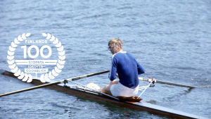 Pertti Karppinen, OS 1976, med logo för Finlands 100 största idrottsögonblick.