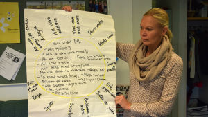 Johanna Westerlund och hennes lärarkolleger i Pojo kyrkoby skola lär eleverna att använda lär- och läsplattor. På arkivbilden använder hon sig ändå av papper och tusch. kvinna håller upp papper