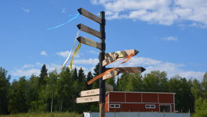Skyltar visar vart orienteringarna ska gå för att hitta starten i sin klass på Kvarkenträffen i Malax.