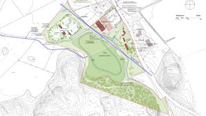 En illustration som visar hur Idrottsparken skulle byggas. Grannen norr om den kommande idrottsparken har lämnat in besväret. Illustration över hur Jontas idrottspark planerats.