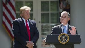 Chefen för USA:s miljöskyddsmyndighet, klimatförnekaren Scott Pruitt, sa att Trump återigen lägger det amerikanska folket först och att invånarna kan känna sig trygga eftersom Trump backar upp dem. EPA:s miljöskyddsmyndighet håller ett anförande bredvid president Donald Trump under presskonferensen där Trump meddelade att USA drar sig ur Parisavtalet.