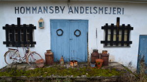 Hommansby andelsmejeri är ett av flere nedlagda mejerier på den östnyländska landsbygden. Ett nedlagt mejeri med ljusblå dörr.