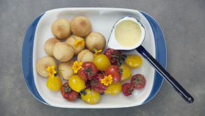 Tomat och tagetes med vaniljsås och madeleine. Tomat och tagetes med vaniljsås och madeleine.