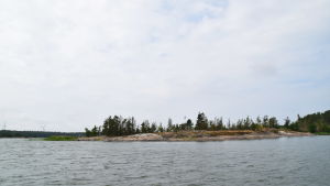 Såhär ser Långholmen ut i dag. Tidigare stod där höga träd. hav och en ö. På ön finns lite växtlighet och i bakgrunden syns skog och vinkraftverk.