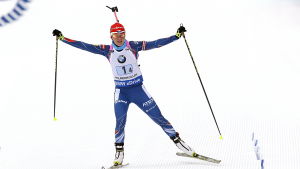 Ankaret Veronika Vitkova för in Tjeckien som etta i skidskyttestafetten i Oslo 2015.